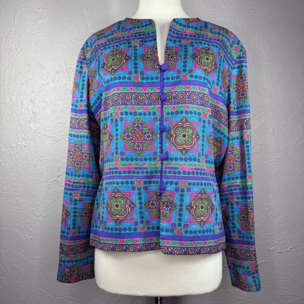 Vintage‎ 90's Large Adrianna Papell Silk vibrant multicolored geometric blazer